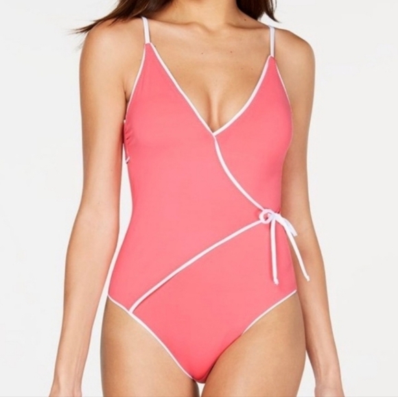 Becca On The Edge Tie Front One Piece Swimsuit Coral Pink M - Picture 1 of 8